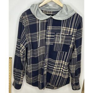 Edgar + Ash Mens Hooded Flannel Sz Medium Blue‎ Plaid Button Down Long Sleeve